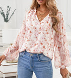 Floral Print V Neck Long Puff Sleeve Top