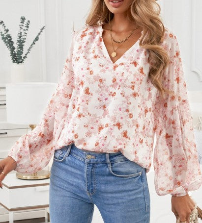 Floral Print V Neck Long Puff Sleeve Top