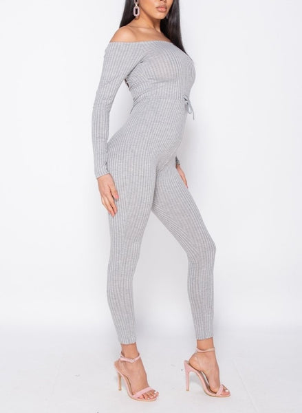 Grey Rib Knit Long Sleeve Bardot Jumpsuit