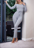 Grey Rib Knit Long Sleeve Bardot Jumpsuit