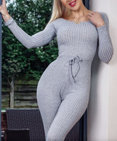 Grey Rib Knit Long Sleeve Bardot Jumpsuit