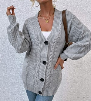 Grey Mid-length Knitted Cardigan