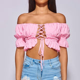 Pretty Pink Lace Up Front Ruffle Trim Bandeau Crop Top