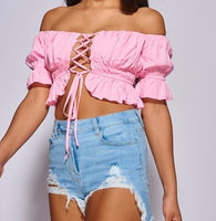 Pretty Pink Lace Up Front Ruffle Trim Bandeau Crop Top – AzzyStyle