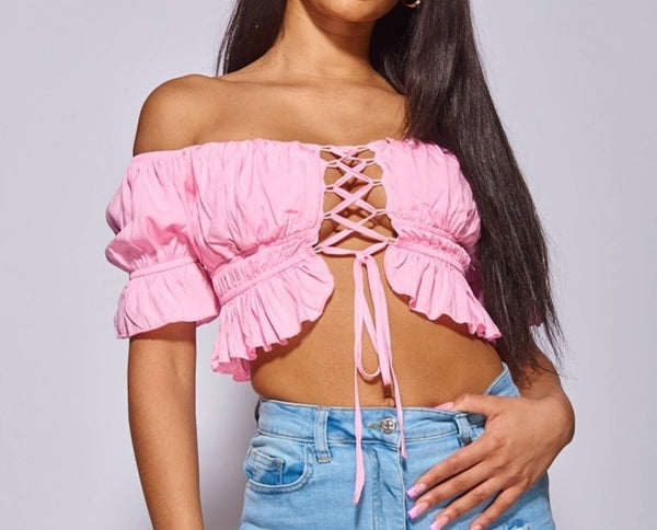 Pretty Pink Lace Up Front Ruffle Trim Bandeau Crop Top