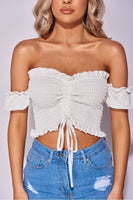 White Shirred Bardot Crop Top