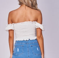 White Shirred Bardot Crop Top