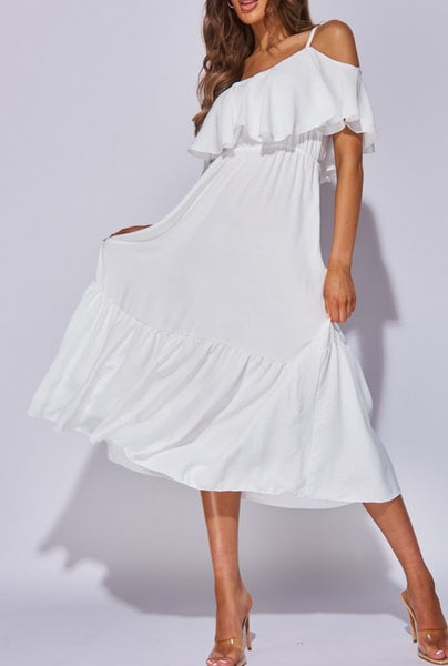 White Tiered Cold Shoulder Strappy Maxi Dress