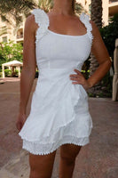 White Pom Pom Trim Frill Hem Mini Dress