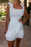 White Pom Pom Trim Frill Hem Mini Dress