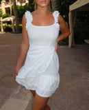 White Pom Pom Trim Frill Hem Mini Dress