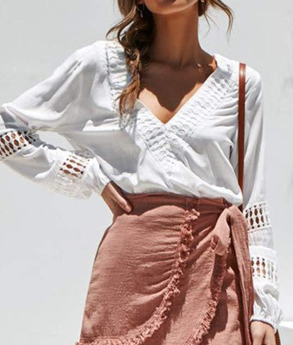 White Deep V Neck Crochet Hollow-out Blouse